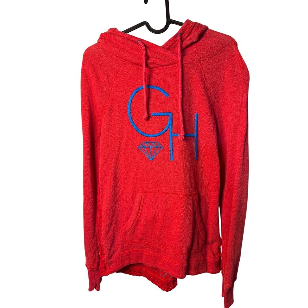 Gilly Hicks Red Hooded Sweatshirt Blue GH Logo Diamond Graphic Small Women Tops